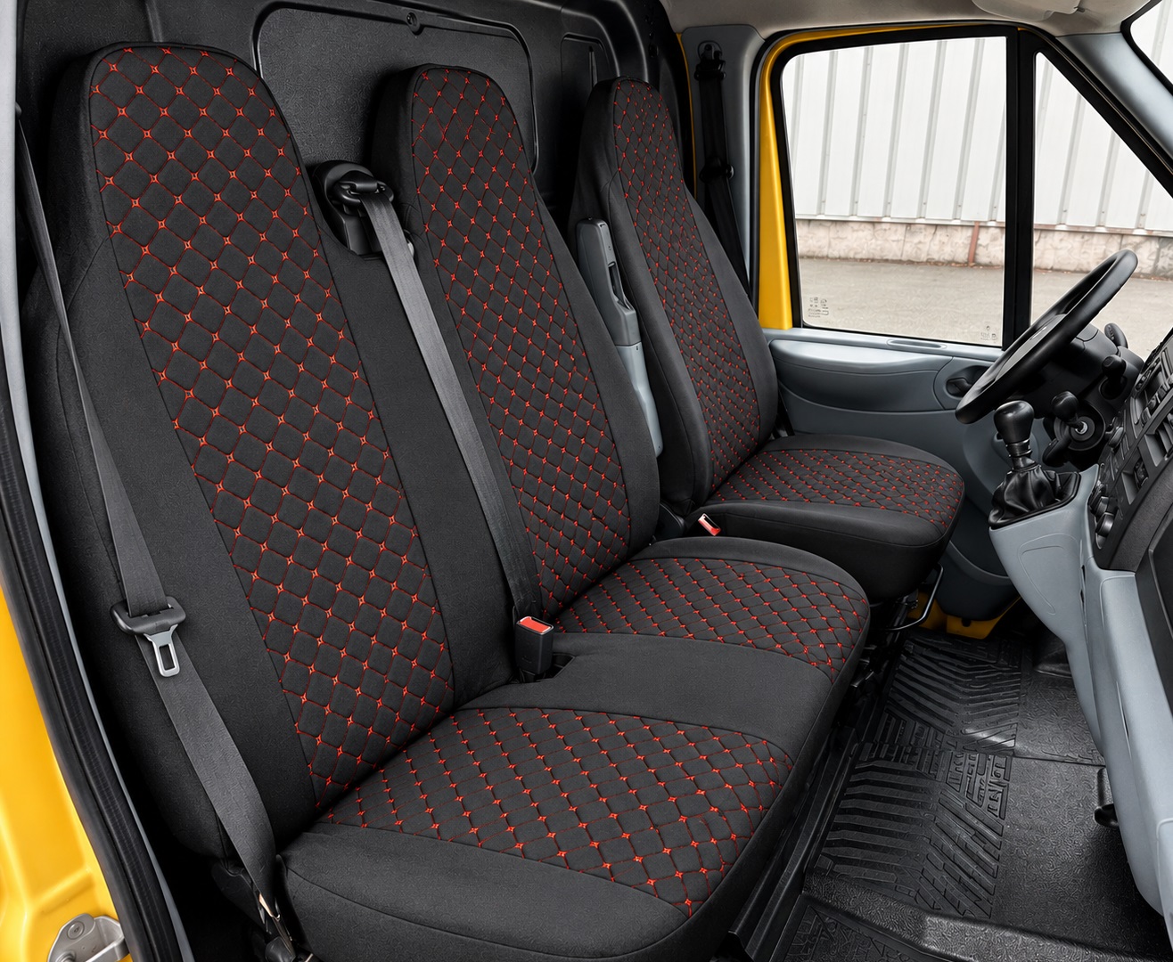 2+1 LUX FORD TRANSIT CUSTOM 2000-2014 MK6 MK7 Sitzbezüge Kleinbus Lieferwagen Van Schwarz Rot Textil