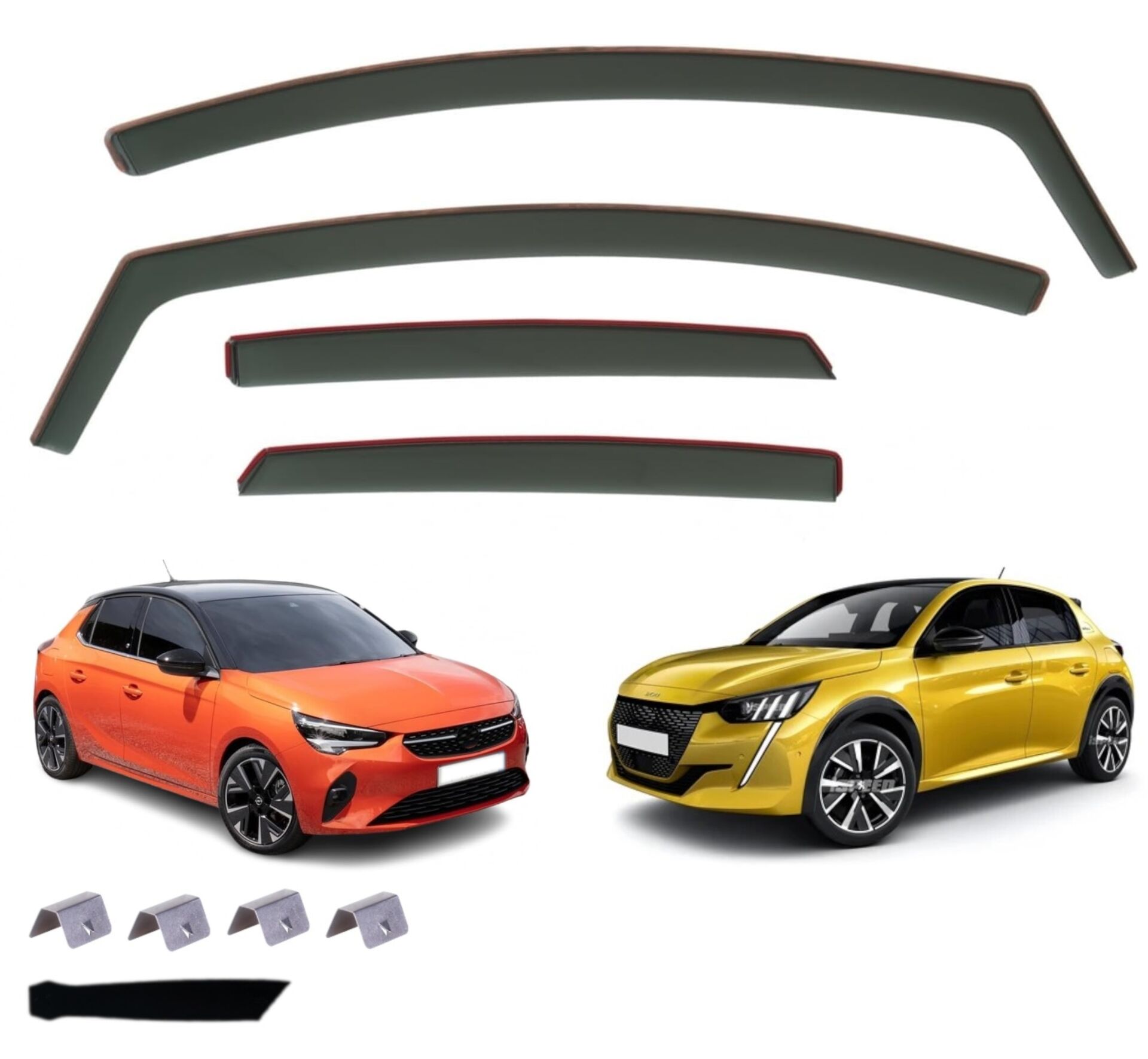 Windabweiser Deflektoren für Opel Corsa F 5D/ Peugeot 208 5D 2019+  Transparent Schwarz PKW 4-tlg. Satz