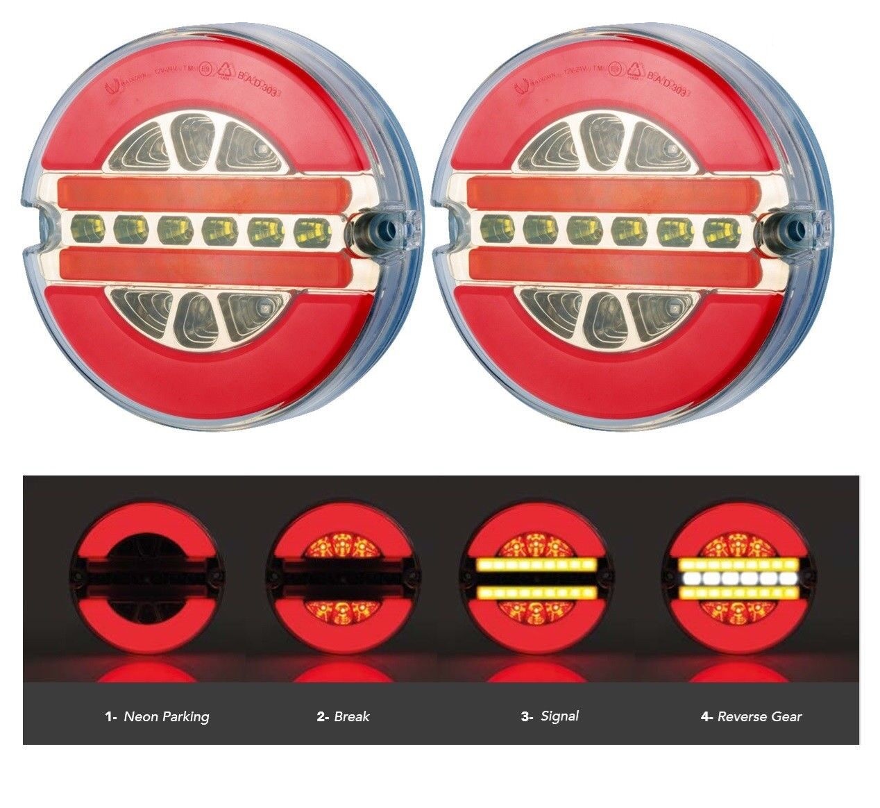 2 x Led Luces Atras Ronda Neon para Remolque Camiones Ø 124mm 12v 24v