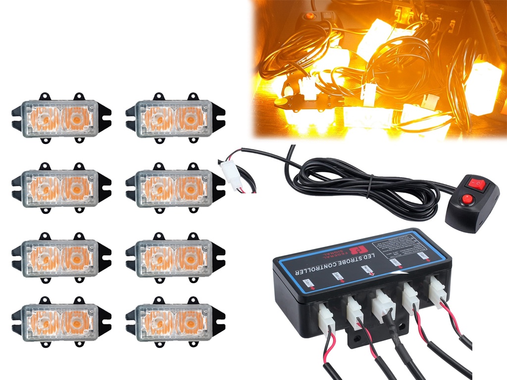 8 x 2 Led Feux de Stroboscopique Feu Pénétration 20 modes Jaune 12V 