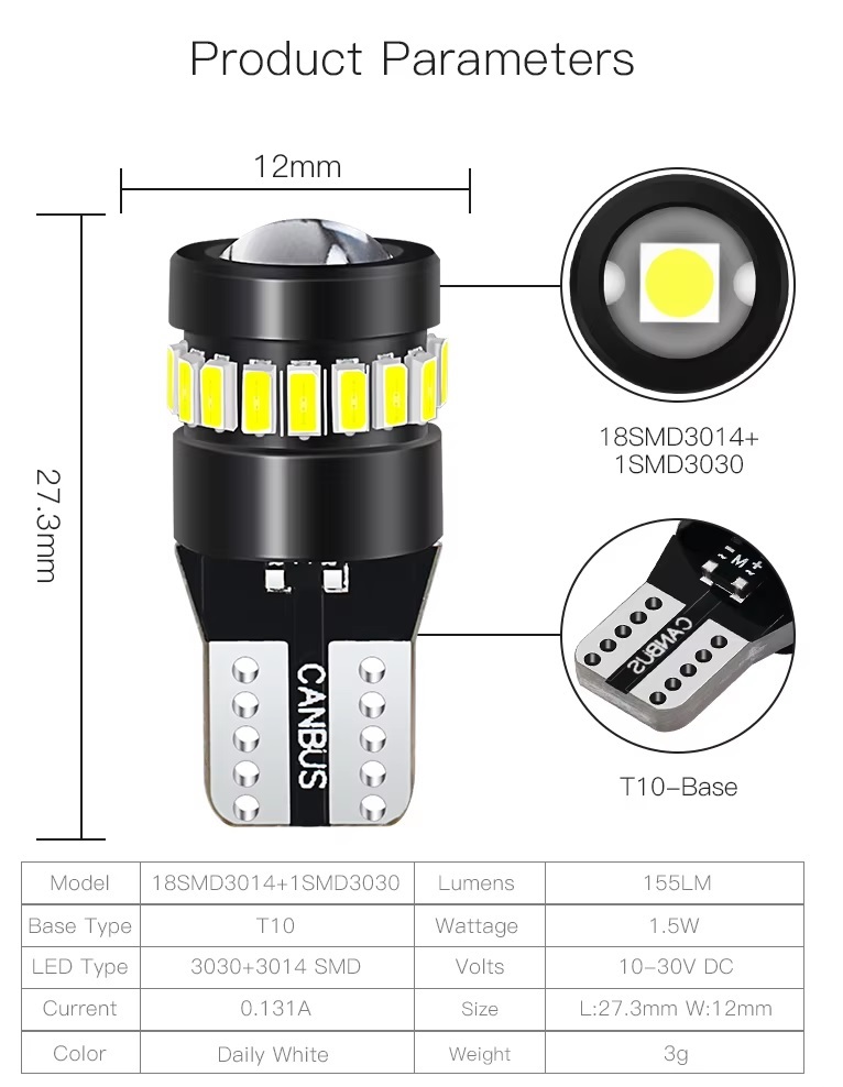 LED SMD T10 W5W – 3030 + 3014 Canbus No Error Lampa Becuri Lumini Alb 12V 24V cu Lentila