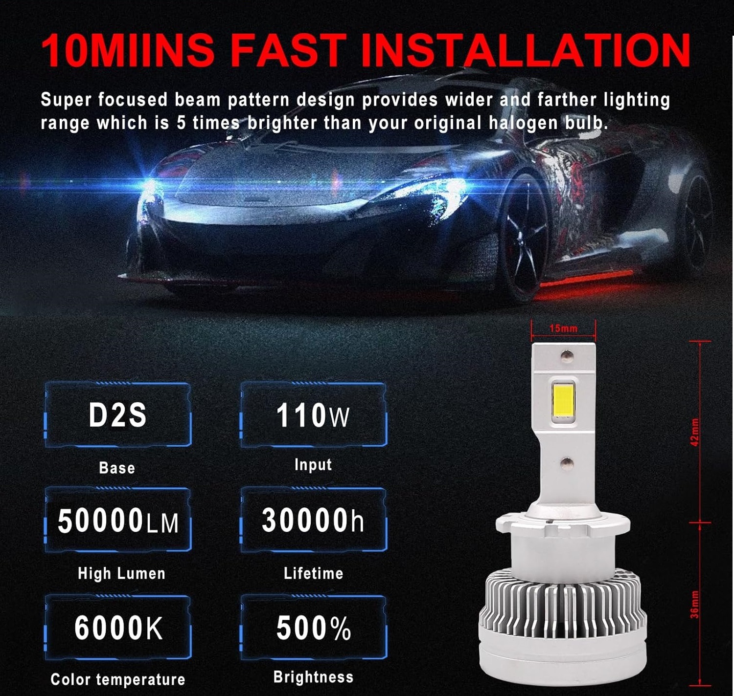2 x Led D2S Xenon 12-24V 50000lm Canbus Ljus Lampa Bilstrålkastare Lyspærer Strålekaster Lasbil Moto 6000K 