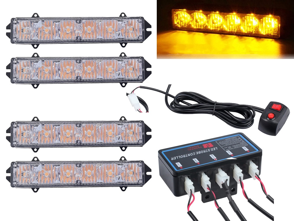 4 x 6 Led 12v Lumină Stroboscopică de Avertizare 20 Moduri Galben