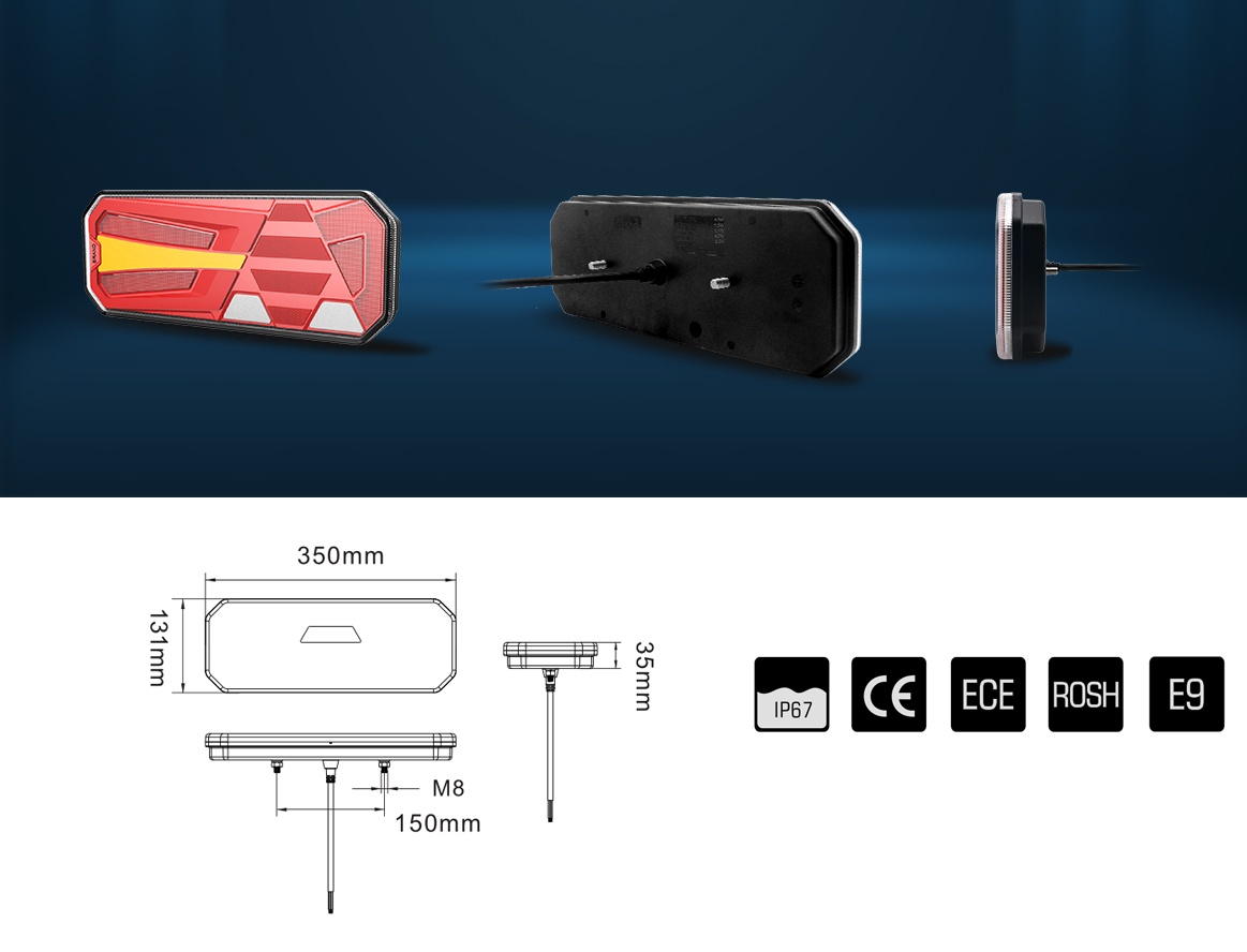 2 x LED Feux Lampe Dynamic Clignotants arrière de Remorque 350mm Camion 12v 24v E9