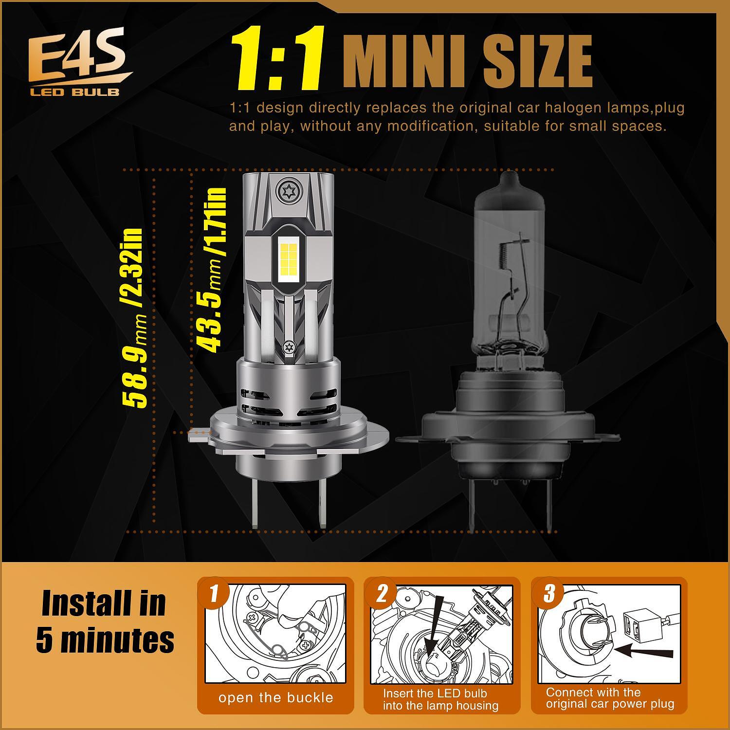 2 x LED E4S H7 H18 50W Feux Ampoules Lampe Feux de Camion Voiture Véhicule Phares Hi/Low Beam 15000lm 6500K 12V 24V