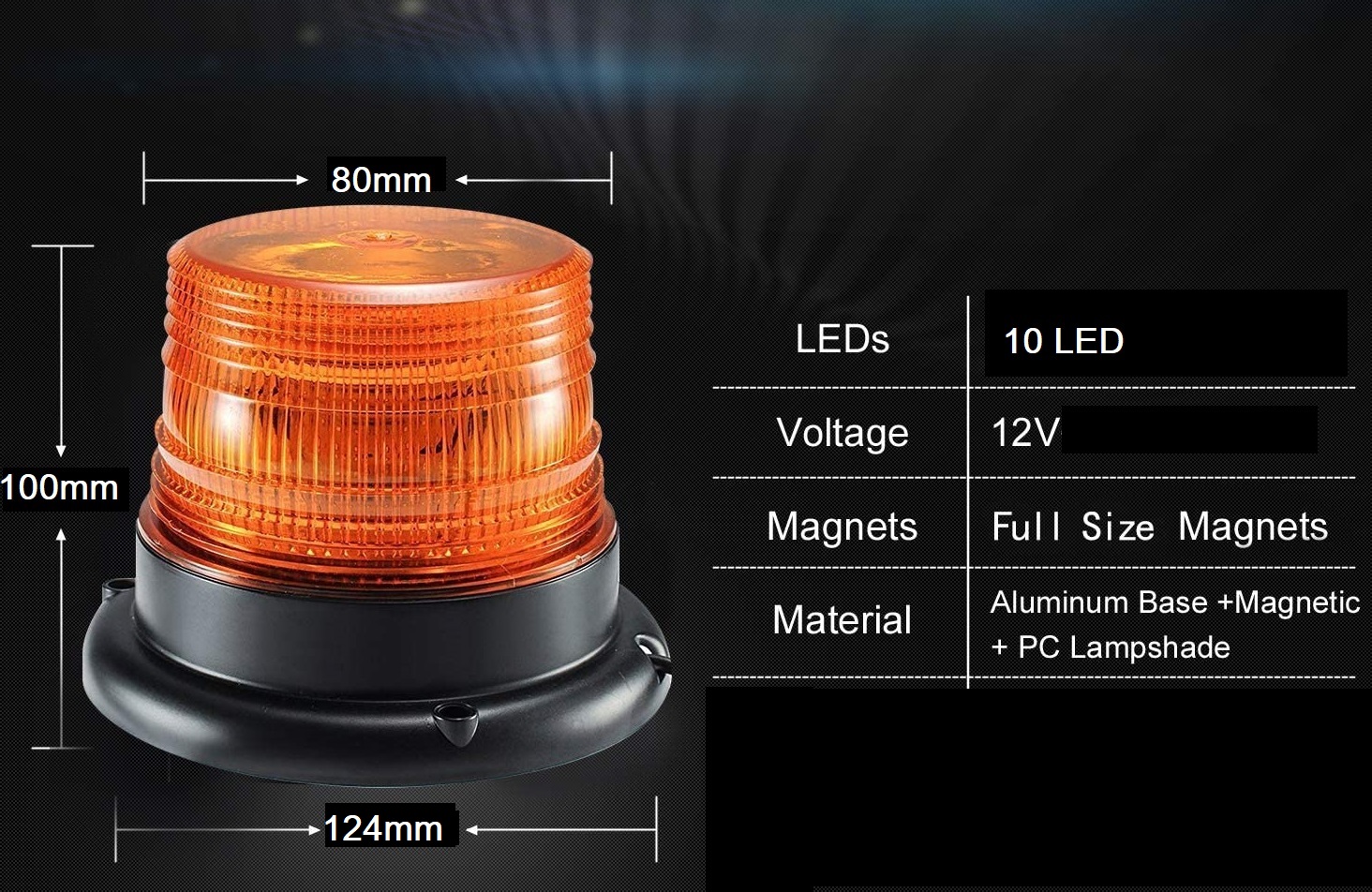 10 LED Warnleuchte Rundumlicht Bernstein Magnet Lampe 124mm 12V 