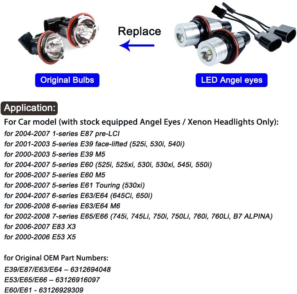 2 x Marker LED Angel Eyes 5W Alb pentru BMW E39 E53 E60 E61 E63 E64 E65 E66 E83 E87
