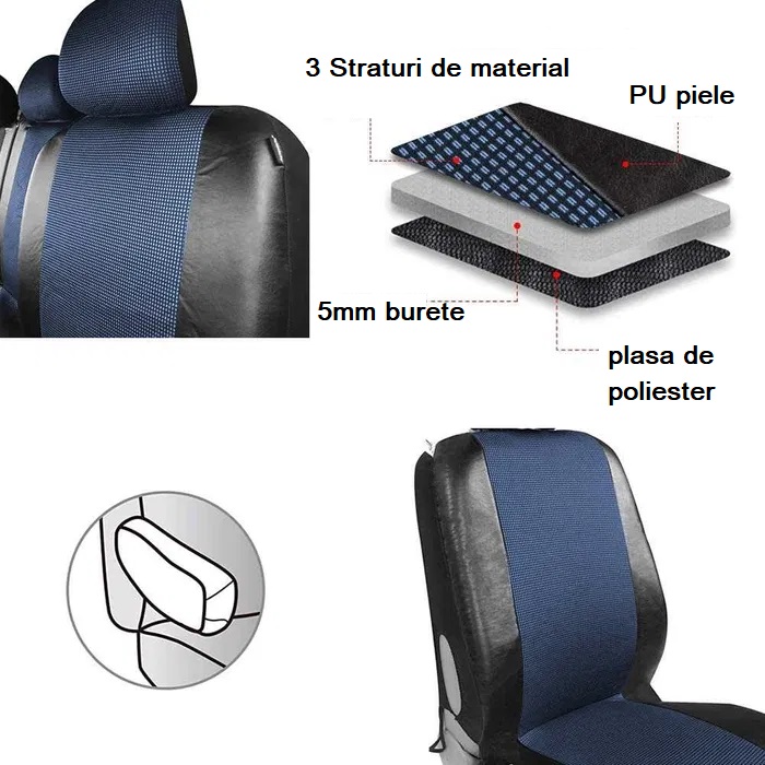 2+1 Universal Huse Scaune pentru Microbuze Negru Albastru Piele Textile