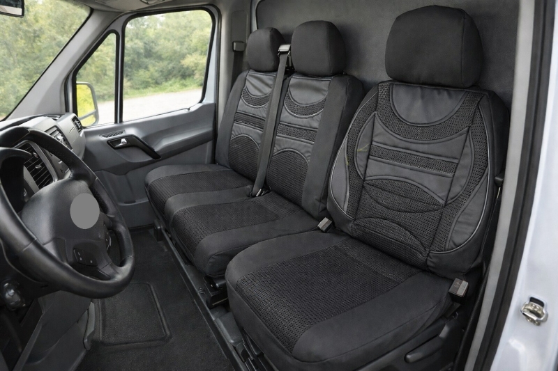 2+1 Universal Sitzbezüge mit Lordosenstützefür Kleinbus Lieferwagen Van Schwarz Leder Textil