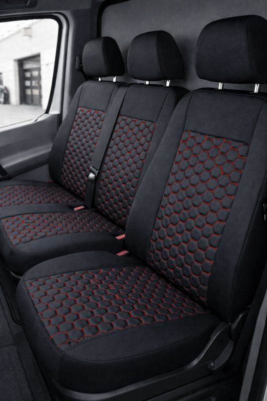 Setetrekk til MERCEDES SPRINTER 2006-2018 Van Svart Rot Som Lær Tekstil