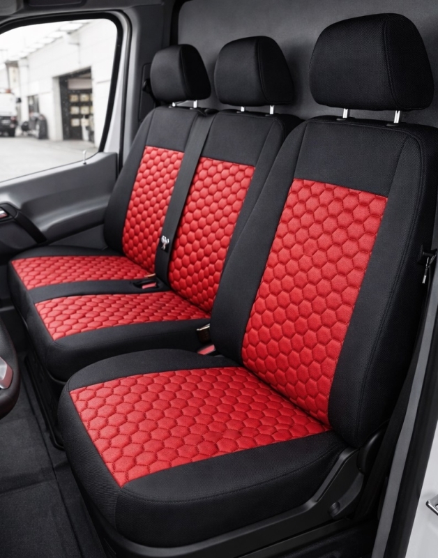 Setetrekk til MERCEDES SPRINTER 2006-2018 Van Svart Rot Lær Tekstil