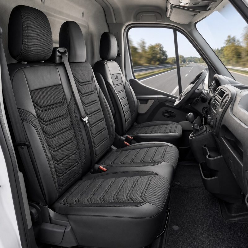 2+1 LUX Renault Master IV 2024+,Nissan Interstar 2024+ Sitzbezüge Kleinbus Lieferwagen Van Schwarz Öko Leder Textil