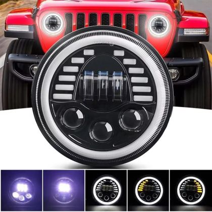 LED Round Head Light 178mm/7inch 75W Hi/Low/DRL/Indicator Halo Lights Lamp Moto 4x4 AWD 4WD 12v 24v