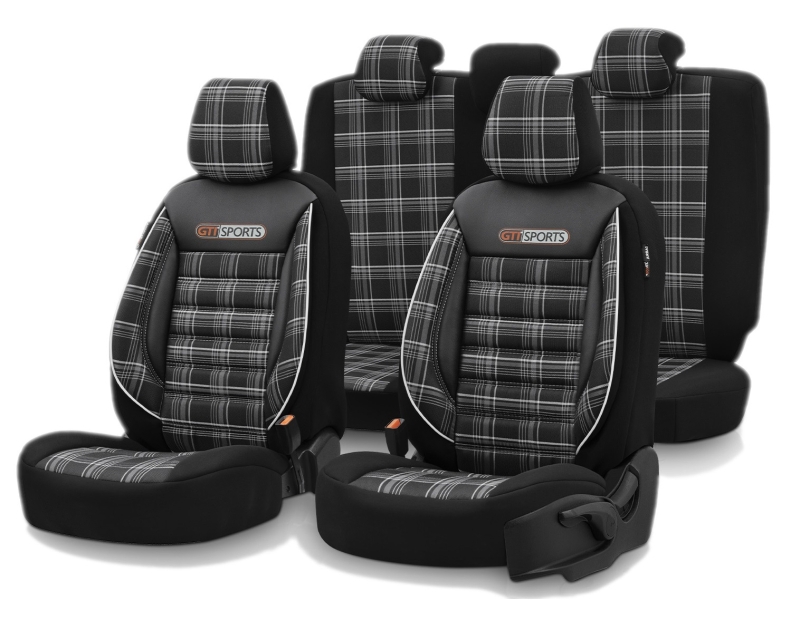 Sitzbezüge Komplettset für Autos Premium Öko-Leder und Textil Lux Otom Schwarz GTI SPORTS Design Weiß Schwary Grau