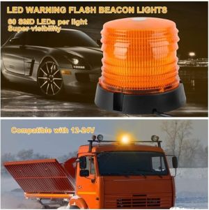 60 LED Warnleuchte Rundumleuchte Blinkleuchte Strobe Beacon Licht Orange Magnet 100mm 12V 24V E9