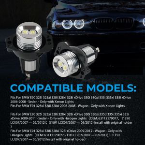 2 x BMW E90 E91 LED Angel Eyes 12W Hvit Pære Frontlys Canbus ingen Feil