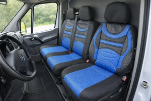 2+1 Universal Sitzbezüge mit Lordosenstützefür Kleinbus Lieferwagen Van Schwarz Blau Leder Textil