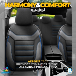 Sitzbezüge Komplettset für Autos Premium Öko-Leder und Textil mit blauen Ziernähten Lux Otom Schwarz Grau INDIVIDUAL Design