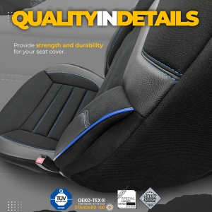 Sitzbezüge Komplettset für Autos Premium Öko-Leder und Textil mit blauen Ziernähten Lux Otom Schwarz Grau INDIVIDUAL Design