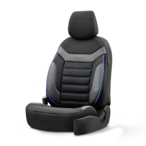 Sitzbezüge Komplettset für Autos Premium Öko-Leder und Textil mit blauen Ziernähten Lux Otom Schwarz Grau INDIVIDUAL Design
