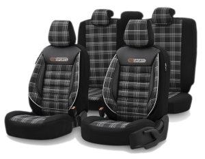 Sitzbezüge Komplettset für Autos Premium Öko-Leder und Textil Lux Otom Schwarz GTI SPORTS Design Weiß Schwary Grau