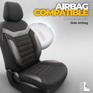 Sitzbezüge Komplettset für Autos Premium Öko-Leder und Textil mit Rot Ziernähten Lux Otom Schwarz INDIVIDUAL Design