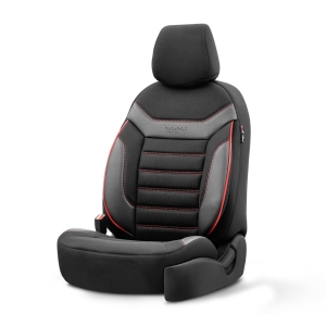 Sitzbezüge Komplettset für Autos Premium Öko-Leder und Textil mit Rot Ziernähten Lux Otom Schwarz INDIVIDUAL Design