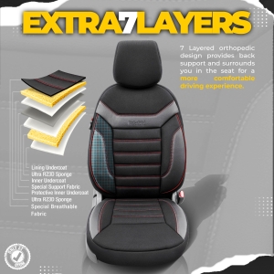 Sitzbezüge Komplettset für Autos Premium Öko-Leder und Textil mit Rot Ziernähten Lux Otom Schwarz INDIVIDUAL Design