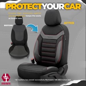 Sitzbezüge Komplettset für Autos Premium Öko-Leder und Textil mit Rot Ziernähten Lux Otom Schwarz INDIVIDUAL Design