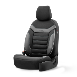 Sitzbezüge Komplettset für Autos Premium Öko-Leder und Textil mit Rot Ziernähten Lux Otom Schwarz INDIVIDUAL Design