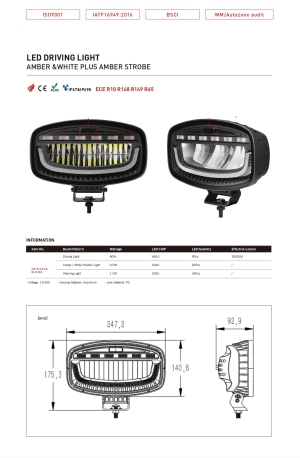 LED 12V/24V, 60W, 3500 lm White/Orange DRL Lamp Flash Warning Safety Strobe Auto SUV E-mark, IP67/69K